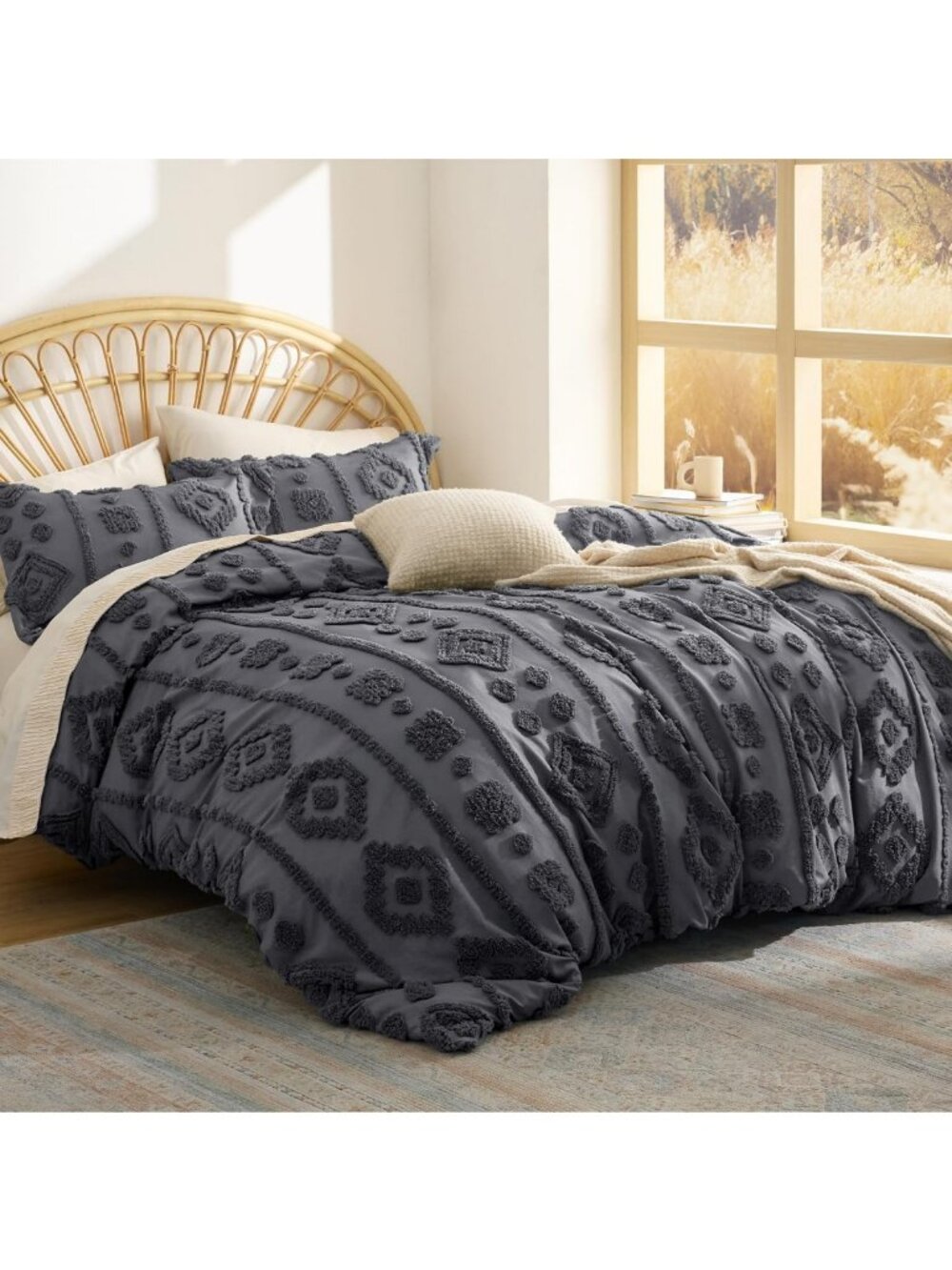 Boho Tufted Grey King Comforter Set - Soft 3-Piece Bedding for All Seasons
